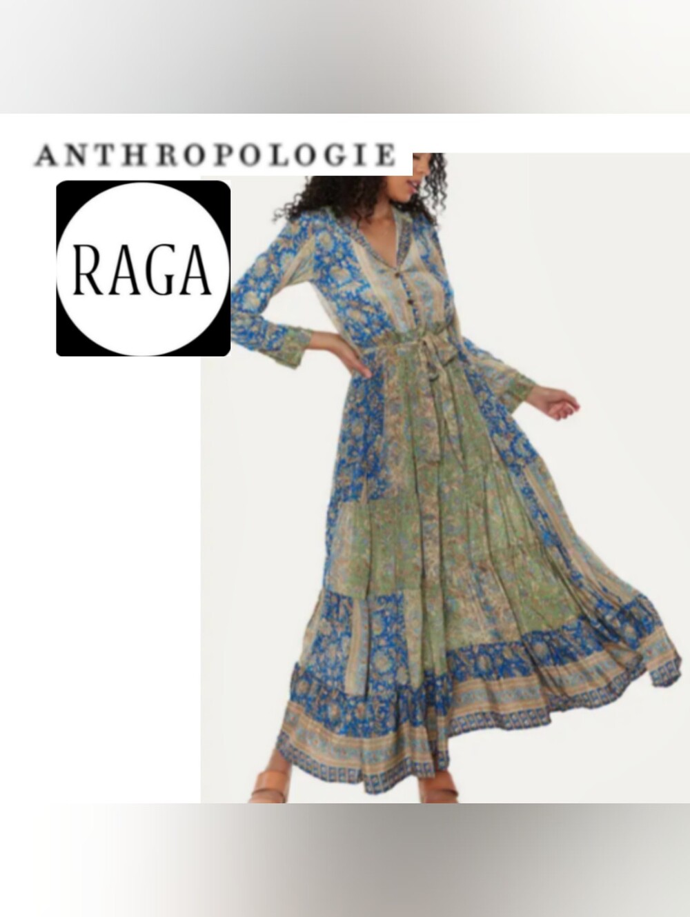 Anthropologie RAGA Green & Blue Long-Sleeve Boho Maxi Dress. Sz 1x. NWTs.